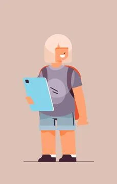 Schoolgirl using tablet pc smiling girl with gadget vertical Stock Illustration