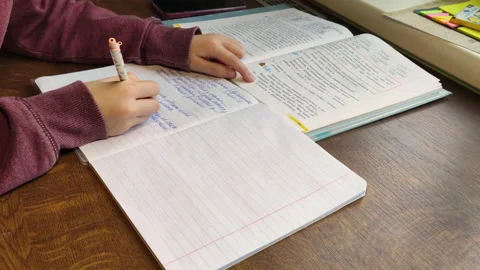 The schoolgirl writes homework, writes in the notebook. Ukrainian Stock Footage 148232034