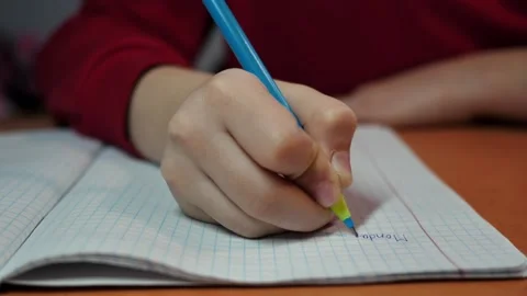 Schoolgirl writes the words  in a notebook while teaching lessons Stock Footage 228806942