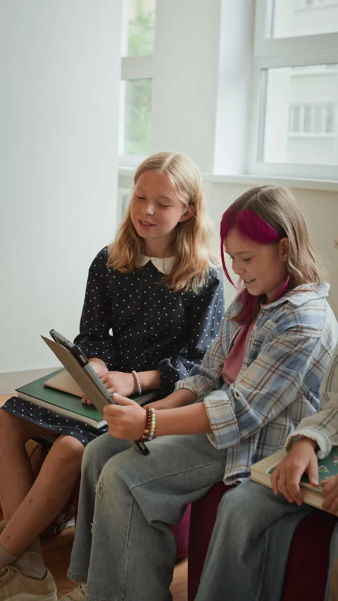 Schoolgirls Studying with Digital Tablet in Classroom Lesson Stock Footage 345236840