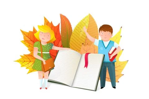 Schoolkids with open book flat vector illustration Stock Illustration