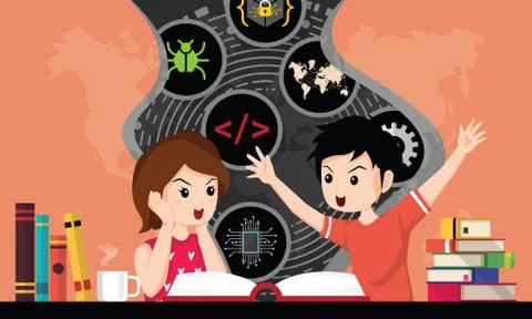 Schoolkids openning book. Concept of back to school, education, imagination. Illustrazione stock