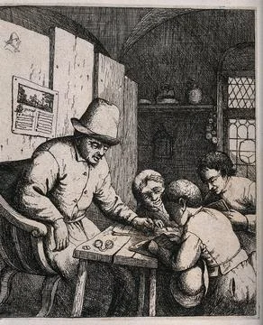 A schoolmaster pointing to the text read by one of his pupils while his oth.. Stock Illustration