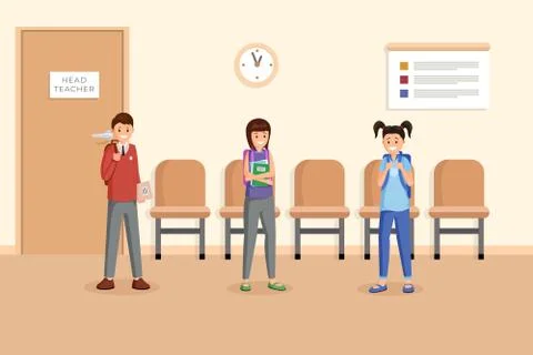 Schoolmates at break time vector illustration. Cute pupils with stationery and Stock Illustration