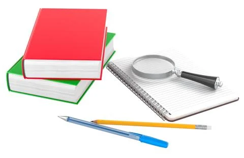 Schoolwork, education, or research concept. Books, spiral notebook, pencil,.. Stock Illustration