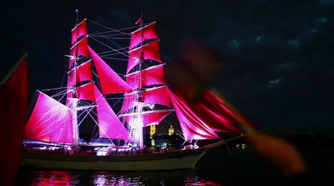Schooner with red sails Stock Footage 32637870
