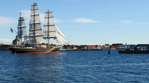 Schooner Ship Sails through a canal in Copenhagen Denmark Stock Footage 63162368
