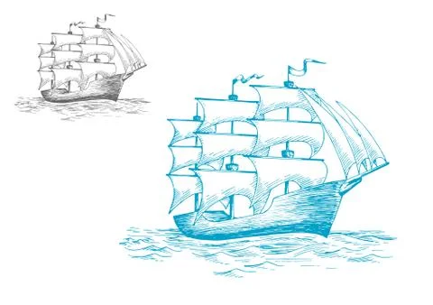 Schooner under full sail on the ocean Stock Illustration