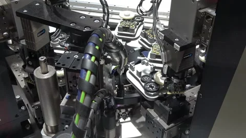Schunk assembly electronics line on Messe fair in Hannover, Germany Stock Footage 97787688