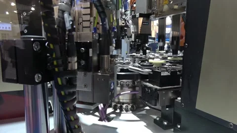 Schunk assembly electronics line on Messe fair in Hannover, Germany Stock Footage 97787802