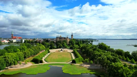 Schwerin Castle Germany Europe aerial fly distance castle HDR Stock Footage