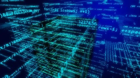 Sci-fi 3D illustration of some decimal cyberspace with a number of surfaces c Stock Illustration
