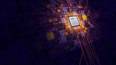 A sci-fi 3d illustration of a square CPU tablet with diagonal and straight po Stock Illustration