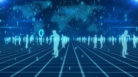 A sci-fi 3d rendering of digital business people closing deals colors placed  Stock Illustration
