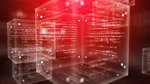 A sci-fi 3d rendering of transparent program code cubes full of digits, lette 스톡 일러스트