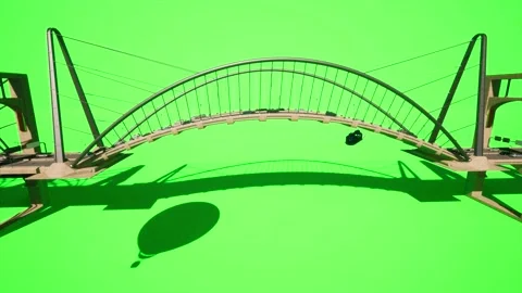 Sci-Fi, 3D Steamship,  Hot Air Balloon, Bridge, heavy traffic, chroma key, 4K Stock Footage 221733996