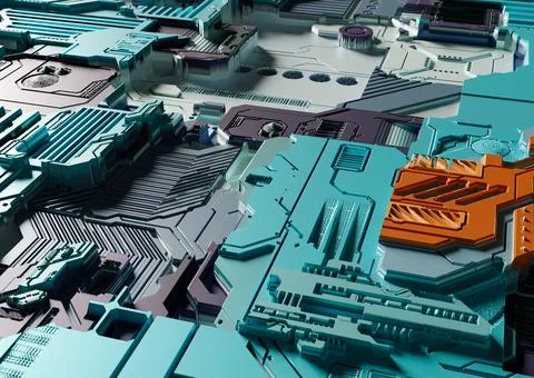 Sci-fi abstract background with electronics. 3D Rendering Illustrazione stock