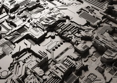 Sci-fi abstract background with electronics. 3D Rendering Illustrazione stock