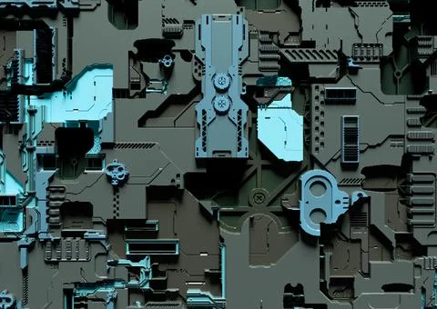 Sci-fi abstract background with electronics. 3D Rendering Illustrazione stock