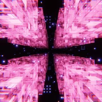 Sci-fi abstract cubes in space with blue and pink neon lights. Stock Illustration