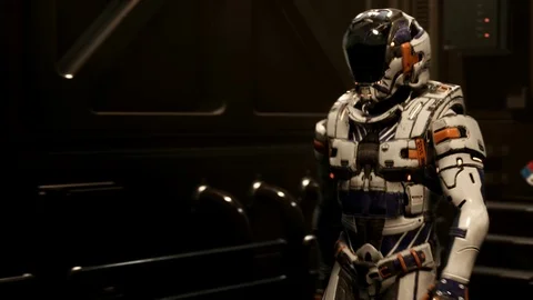 Sci-Fi Action: Cyborg Walks Into Advanced Space Corridor Vidéo 115199174