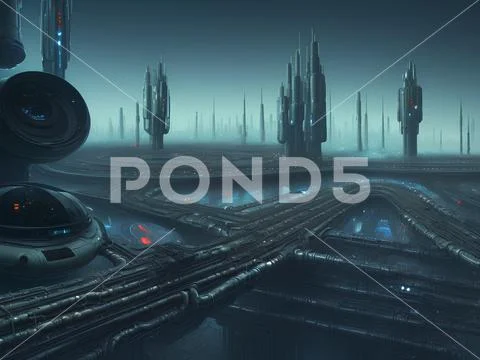 Sci Fi alien cityscape on a planet with flashing lights clouds