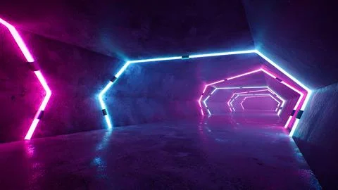 Sci Fi Alien Cyber Tron Neon Purple Blue Glowing Command Room With Cement Con 库存插图