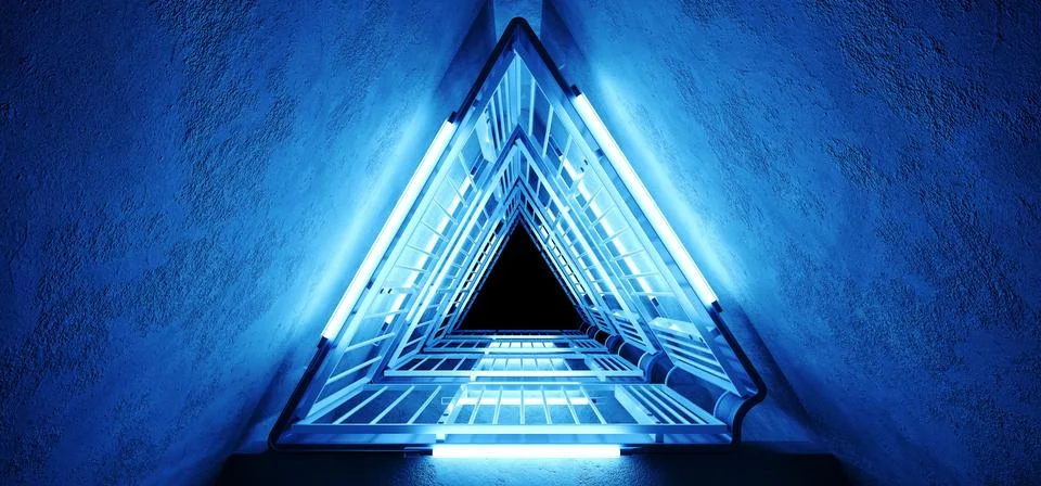 Sci Fi Alien Hi Tech Realistic Triangle Shaped Metal Construction With Neon G Illustrazione stock