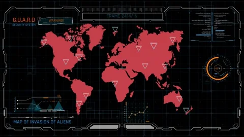 Sci-Fi Alien Invasion World Map HUD Interface with Tactical Security Warning Video stock 338433603