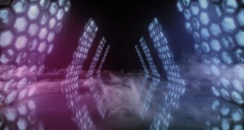 Sci Fi Alien Ship Tunnel With Hexagon Metal Mesh Blue Purple Glowing Lights W Ilustración de archivo