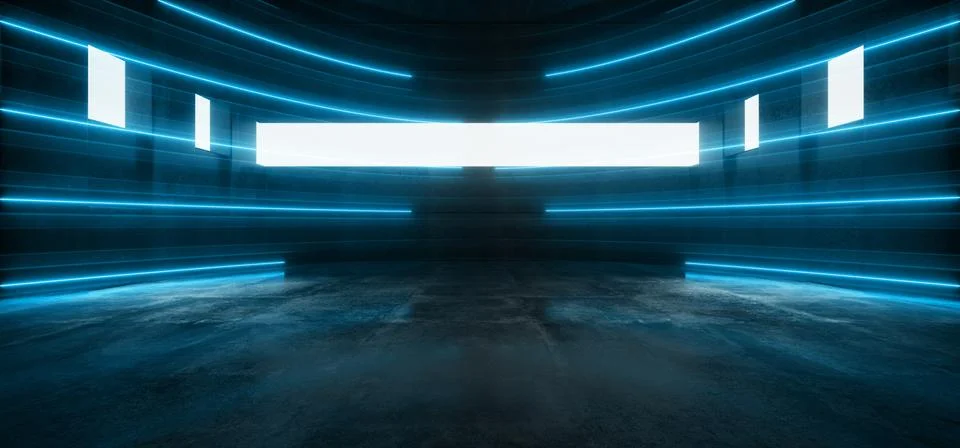 Sci Fi Alien Spaceship Blue Oval Garage Warehouse Tunnel Corridor Future Whit Illustrazione stock