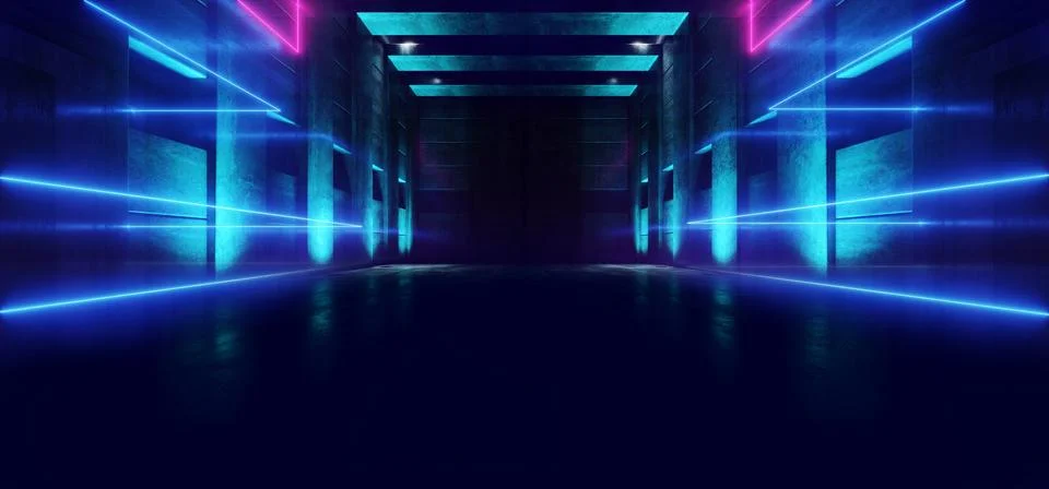 Sci Fi Alien Spaceship Blue Purple Garage Warehouse Tunnel Corridor Future La Illustrazione stock