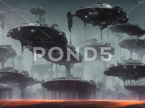 Sci Fi alien spaceships invading blinking lights thick smoke abstract