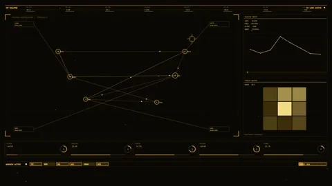 Sci-fi amber tactical mission control interface with constellation map and .. Stock Footage 334090039