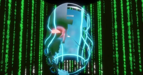 Sci Fi android face in virtual cyber space environment render 3D animation Stock Footage 336112332