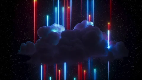 Sci-fi animation with a dramatic cloud illuminated by vertical neon lines Stock Footage 323304928