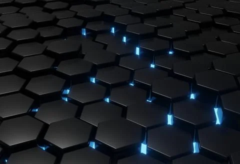 Sci-fi background of black hexagons with blue backlight Stock Photos