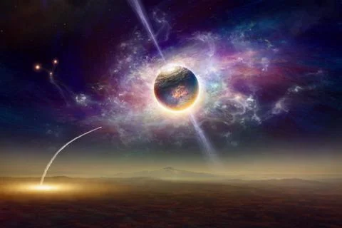 Sci-fi background, space shuttle taking off, aliens planet and twisted galaxy Фото