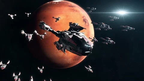 Sci-Fi Battleship Fleet in Mars Orbit Stock Footage 147535429