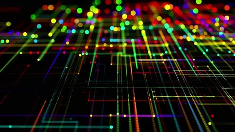 Sci-fi bg of glow multicolor particles form lines like electrical circuit or Stock Footage 140983306