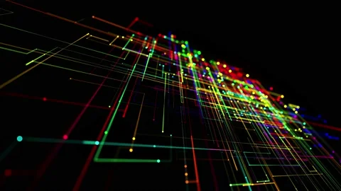 Sci-fi bg of glow multicolor particles form lines like electrical circuit or Stock Footage 140983387