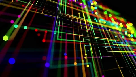 Sci-fi bg of glow multicolor particles form lines like electrical circuit or Stock Footage 140983411