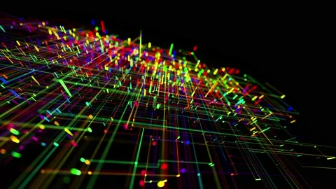 Sci-fi bg of glow multicolor particles form lines like electrical circuit or Stock Footage 143481868