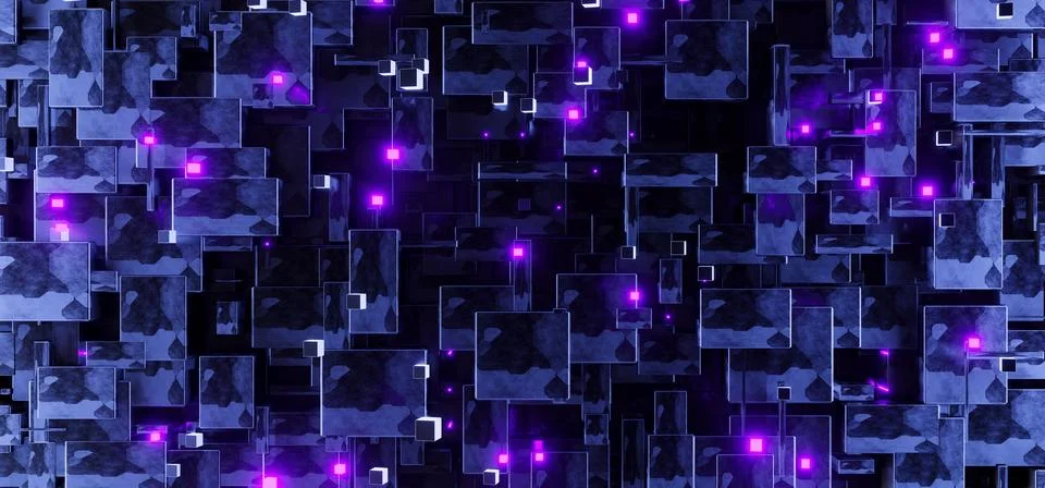 Sci-fi block chain tech background with neon particles Stockillustratie