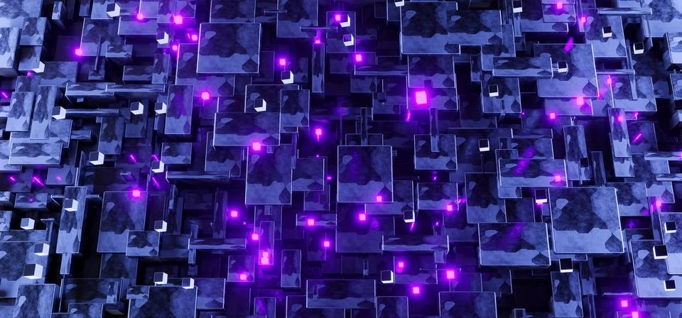 Sci-fi block chain tech background with neon particles Stock Illustration