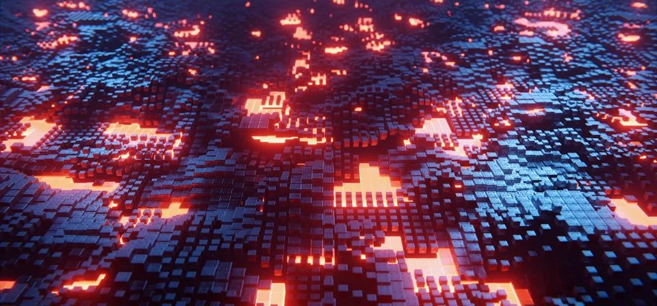 Sci-fi block chain tech background with red neon particles イラスト素材