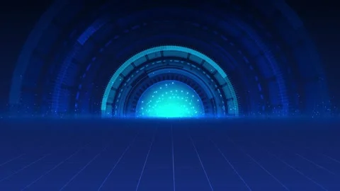 Sci fi blue grid gateway visual luminous circular interface, dark horizon, clean Stock Footage 340556821