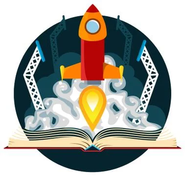 Sci-Fi Book with Rocket Launch Stock Illustration