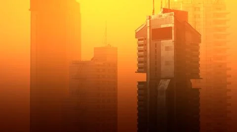 Sci-fi building in poor weather morning, haze of pollution covers city, globa Ilustración de archivo