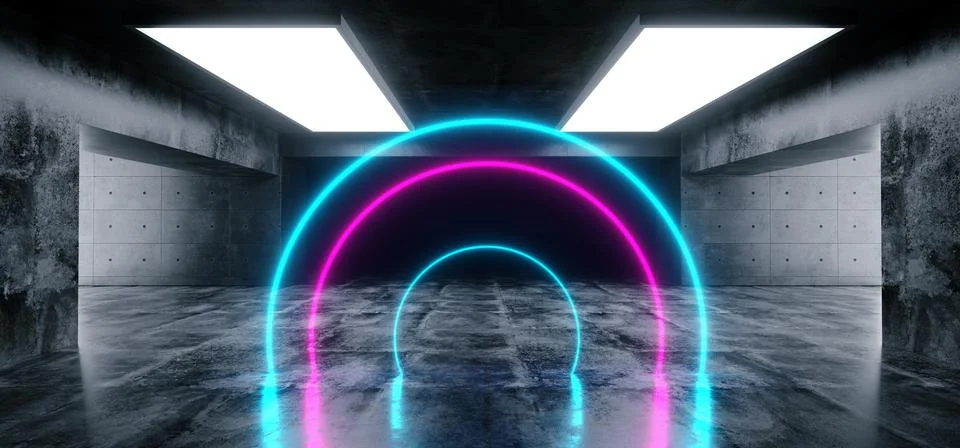 Sci Fi Circle Arc Shaped Neon Background Glowing Concrete Cyberpunk White Blu Ilustración de archivo